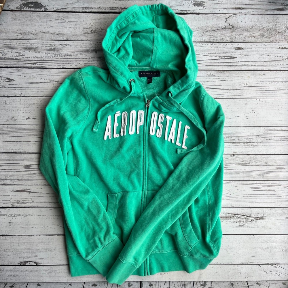 Aeropostale Womens Green Full Zip Logo Hoodie Sweatshirt Preppy Y2K Streetwear
